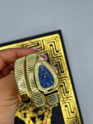 Bvlgari Gold- Mavi Kadran Taşlı Yılan Saat  S404