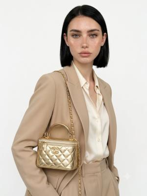 Chanel Vanity Case Gold Metalik Orta Boy Omuz Çantası VLT-424