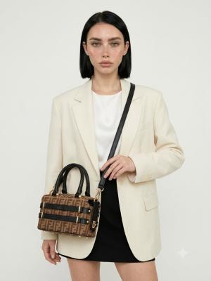 Fendi FF Monogram Siyah-Kahve Boston Kadın Omuz Çantası VLT-416