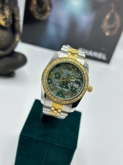 Rolex Taşlı Gold- Gümüş İçi Yeşil Kadın Saat  S360