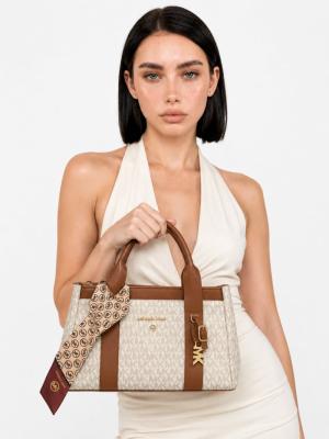 Michael Kors Fularlı Monogram Desenli Kadın Klasik El Çantası VLT-496 Taba