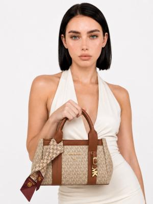 Michael Kors Kahve Fularlı Monogram Desenli Kadın Klasik El Çantası VLT-497 Kahverengi